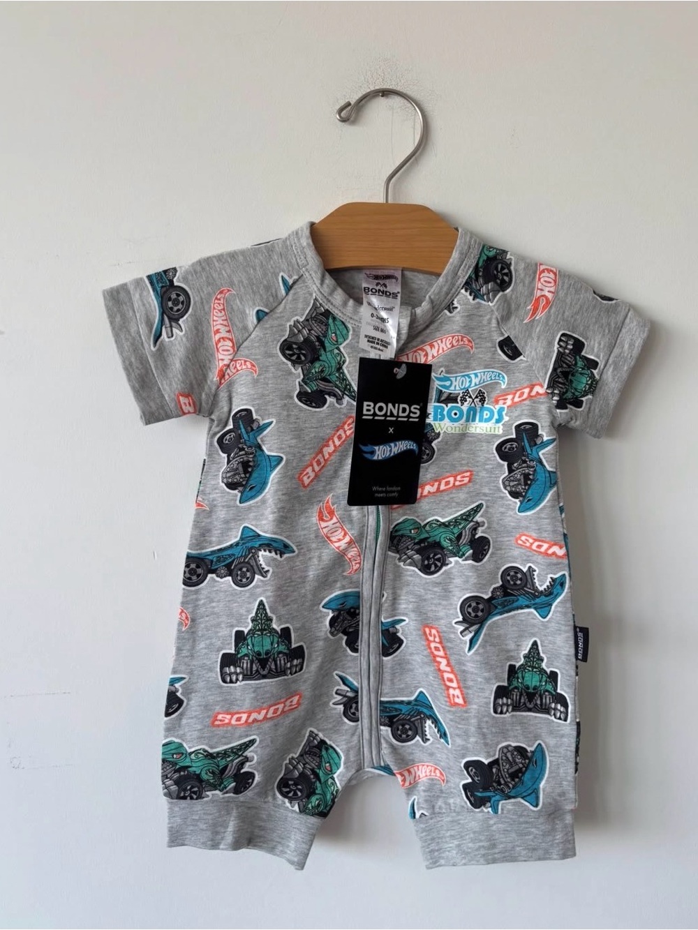 Bonds Grey Kids Pajamas with Teal, Black and Coral Hot Wheels Print
